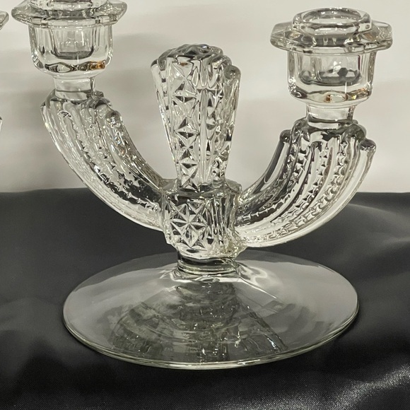 Pair Of Vintage Tiffin Glass Double Candlestick Holders Etched Floral‎ Clear EUC - Picture 2 of 11